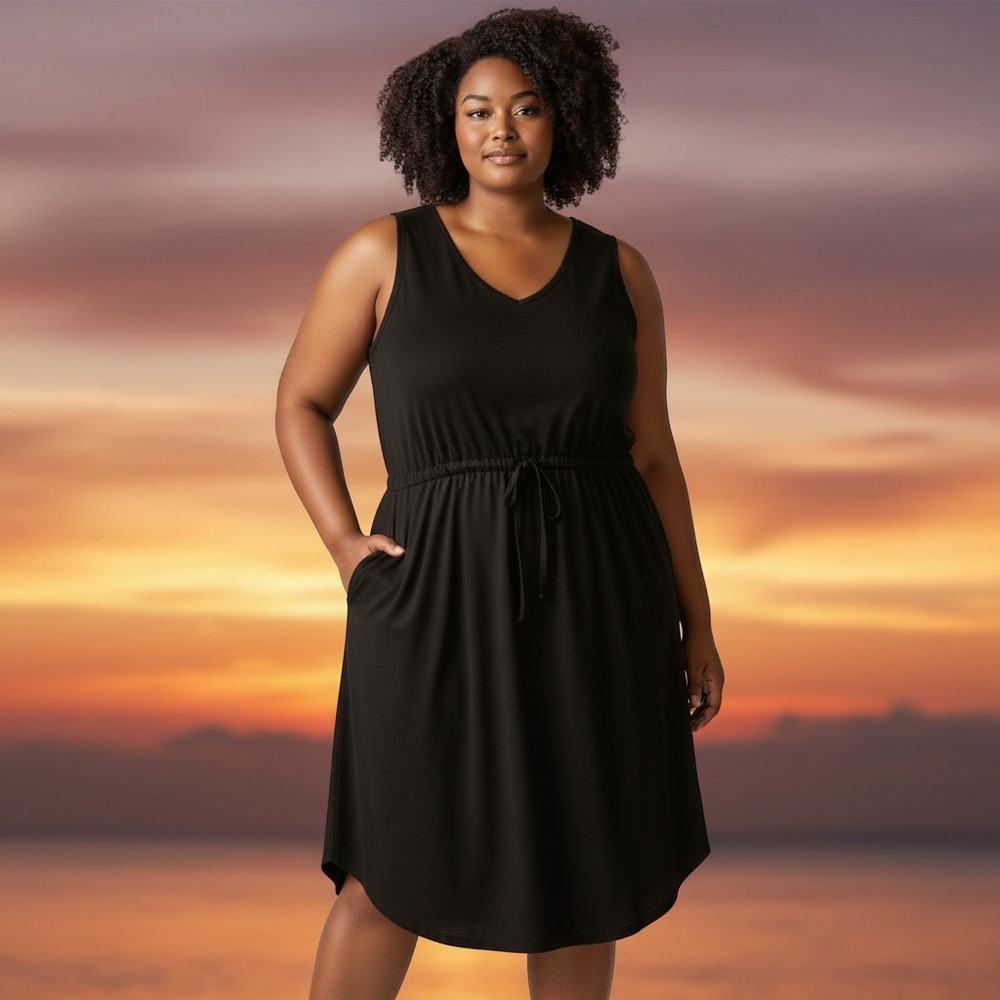 Zenana Vacation Vibes Dress Womens 3X Black V-Neck Drawstring Waist Midi Pockets